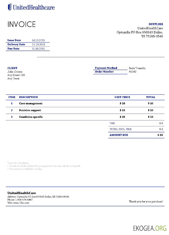 Facture UnitedHealthCare aux États , Unis